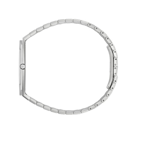 Gucci 25H 38mm stainless steel multi layered case, white dial with motif and ocean blue colored glass, five links stainless steel bracelet YA163409