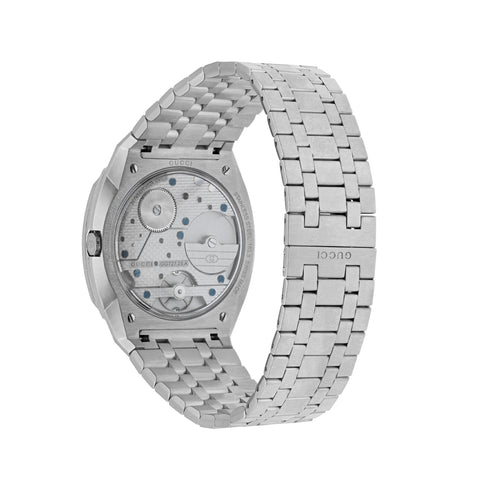 Gucci 25H 40mm stainless steel multi layered case, heavy brushed grey dial with red GG727.25.A caliber engraving, five links stainless steel bracelet YA163302