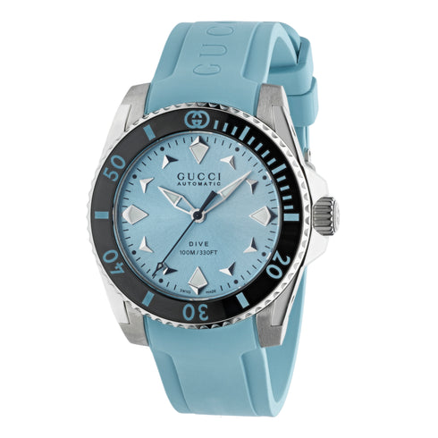 Gucci Dive 36 MM STAINLESS STEEL CASE
BLACK CERAMIC BEZEL
LIGHT BLUE DIAL
LIGHT BLUE RUBBER BRACELET
SELF-WINDING MOVEMENT YA136409