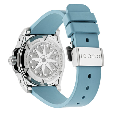 Gucci Dive 36 MM STAINLESS STEEL CASE
BLACK CERAMIC BEZEL
LIGHT BLUE DIAL
LIGHT BLUE RUBBER BRACELET
SELF-WINDING MOVEMENT YA136409
