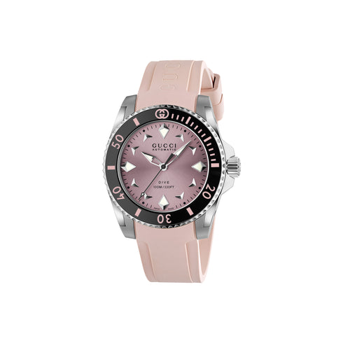 Gucci Dive 36 mm stainless steel case, black ceramic bezel, pink dial, pink rubber bracelet, self-winding movement YA136408