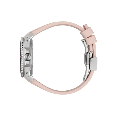 Gucci Dive 36 mm stainless steel case, black ceramic bezel, pink dial, pink rubber bracelet, self-winding movement YA136408