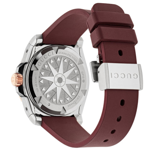 Gucci Dive 36 MM STAINLESS STEEL CASE
PINK GOLD-PLATED BEZEL COVERED BY BURGUNDY CERAMIC
BURGUNDY DIAL
BURGUNDY RUBBER BRACELET
SELF-WINDING MOVEMENT YA136410