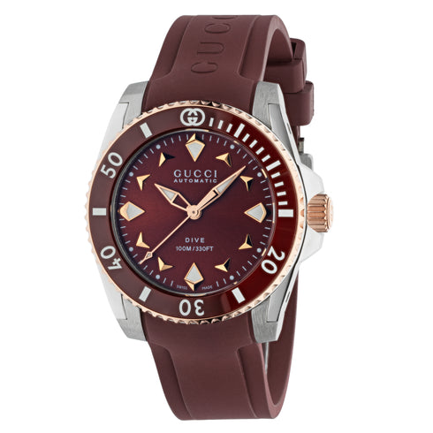 Gucci Dive 36 MM STAINLESS STEEL CASE
PINK GOLD-PLATED BEZEL COVERED BY BURGUNDY CERAMIC
BURGUNDY DIAL
BURGUNDY RUBBER BRACELET
SELF-WINDING MOVEMENT YA136410