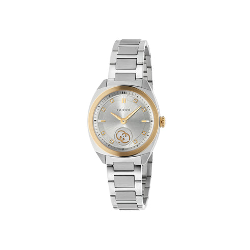 Gucci Interlocking 29 MM STAINLESS STEEL CASE
PINK GOLD PLATED BEZEL
SILVER SUNBRUSHED DIAL WITH 8 DIAMONDS AND PINK GOLD-PLATED DETAILS
INTERLOCKING G SMALL SECONDS DISPLAY
STAINLESS STEEL BRACELET
QUARTZ MOVEMENT YA142514