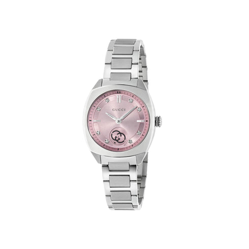 Gucci Interlocking 29mm stainless steel case, pink dial with 8 diamonds, small seconds display, stainless steel bracelet YA142511