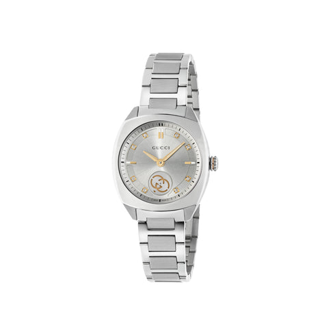 Gucci Interlocking 29mm stainless steel case, silver sunbrushed dial with 8 diamonds and pink gold-plated details, small seconds display, stainless steel bracelet YA142510