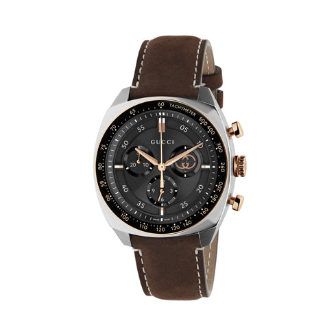 Gucci Interlocking 41 MM STAINLESS STEEL CASE
PINK GOLD-PLATED BEZEL COVERED BY BLACK CERAMIC
BLACK DIAL
BROWN LEATHER STRAP
QUARTZ MOVEMENT WITH CHRONOGRAPH FUNCTION YA142335