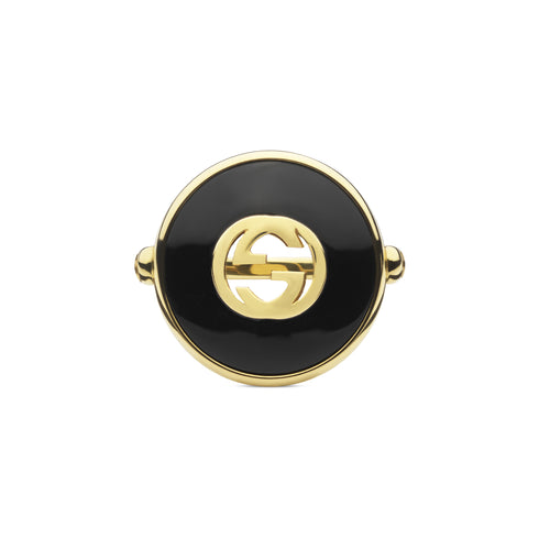Gucci Interlocking Ring in yellow gold, onyx and diamond YBC786604001