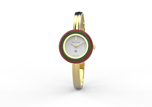 Gucci Play 28 mm yellow gold-plated case, 7 interchangeable ceramic bezels, white dial, yellow gold-plated bangle, quartz movement, size 15 YA151543