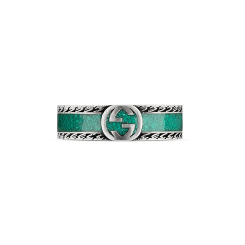Interlocking G Ring with motif in sterling silver and turquoise enamel YBC645573001