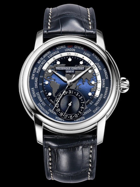 MANUFACTURE WORLDTIMER 42MM GMT DATE, BLUE DIAL, BLUE LEATHER STRAP FC-718NWM4H6