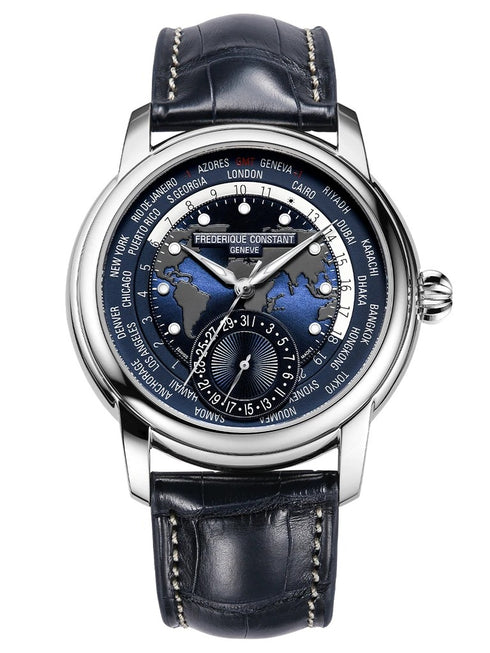 MANUFACTURE WORLDTIMER 42MM GMT DATE, BLUE DIAL, BLUE LEATHER STRAP FC-718NWM4H6