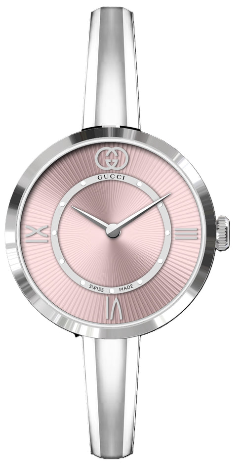 Model 2000 24 mm stainless steel case, pink guilloché dial, white resin stripes on the case side, stainless steel 16 cm bangle , quartz movement YA167514