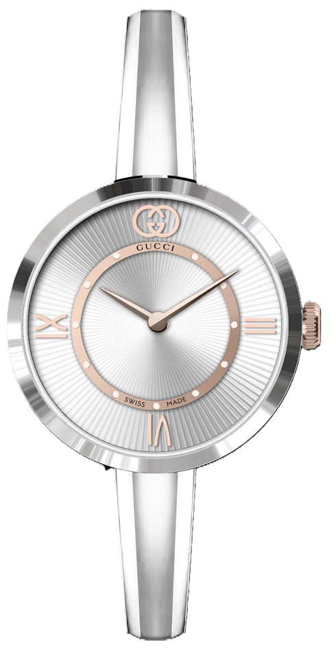 Model 2000 24 mm stainless steel case, silver guilloché dial, white resin stripes on the case side, stainless steel 15 cm bangle , quartz movement YA167515