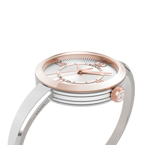 Model 2000 30 MM STAINLESS STEEL CASE
PINK GOLD PLATED BEZEL
SILVER DIAL
STAINLESS STEEL BANGLE
QUARTZ MOVEMENT
Size 16 YA167524