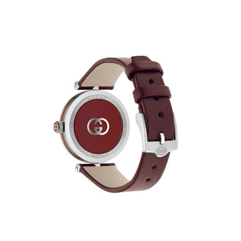Model 2000 30mm stainless steel case, Silver guillochè dial, green-red-greed resin stripes on the case side, Red leather strap YA167508