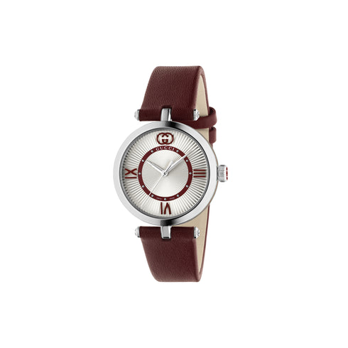Model 2000 30mm stainless steel case, Silver guillochè dial, green-red-greed resin stripes on the case side, Red leather strap YA167508