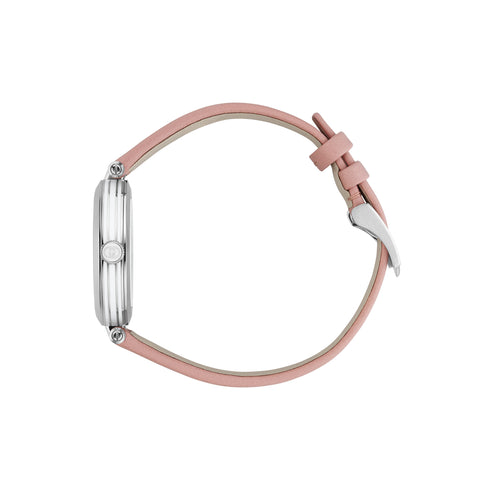 Model 2000 30mm stainless steel case, Silver guillochè dial, white resin stripes on the case side, roman indexes and detail, Pink leather strap YA167506