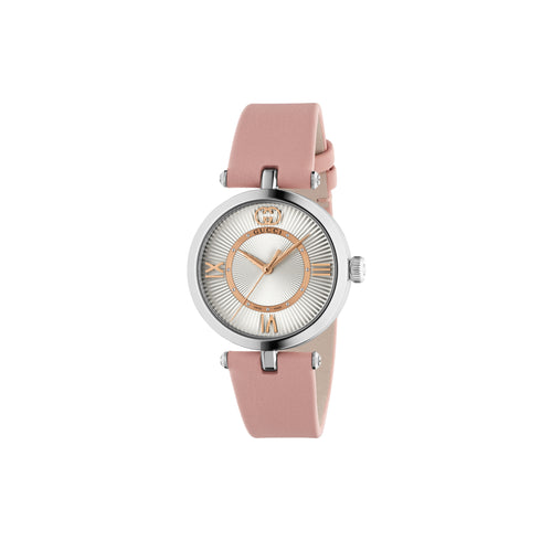 Model 2000 30mm stainless steel case, Silver guillochè dial, white resin stripes on the case side, roman indexes and detail, Pink leather strap YA167506