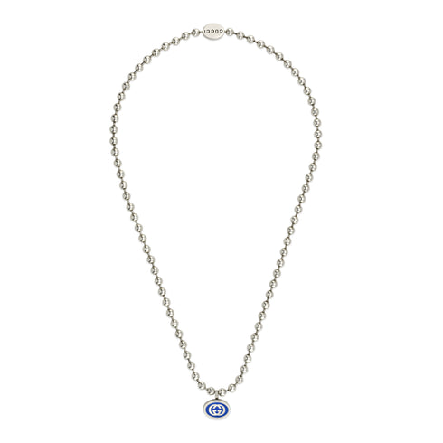 Necklace in sterling silver and blue enamel with Interlocking G pendant YBB753438001