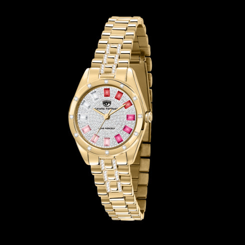 OROLOGIO CON PAVÉ DI ZIRCONI BIANCHI E ZIRCONI ROSA 28MM R1953100515