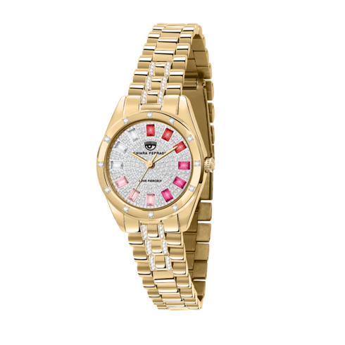 OROLOGIO CON PAVÉ DI ZIRCONI BIANCHI E ZIRCONI ROSA 28MM R1953100515