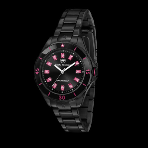 OROLOGIO SPORT TOTAL BLACK CON ZIRCONI BAGUETTE PINK 36MM R1953101505
