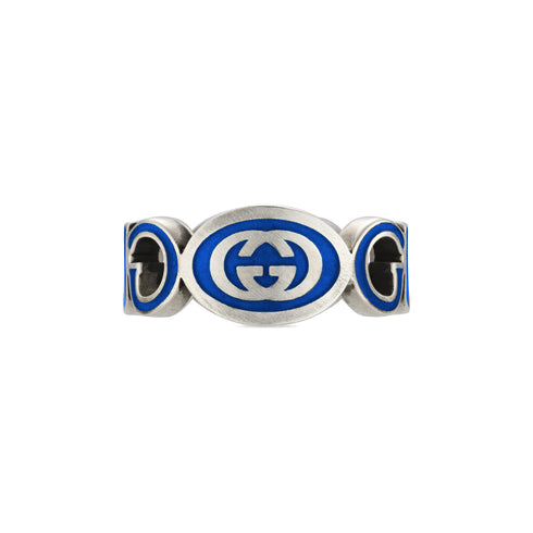 Ring in sterling silver and blue enamel with Gucci script YBC753640002