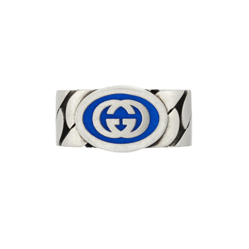 Ring in sterling silver and blue enamel with Interlocking G detail YBC753490001