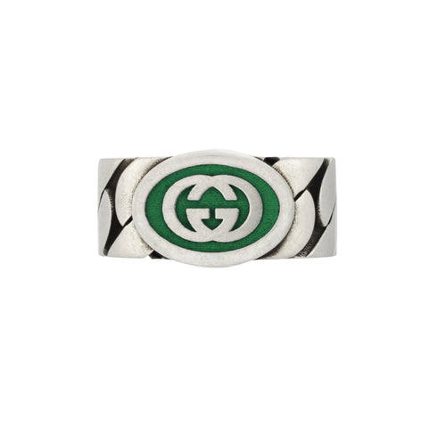 Ring in sterling silver and green enamel with Interlocking G detail YBC753490002
