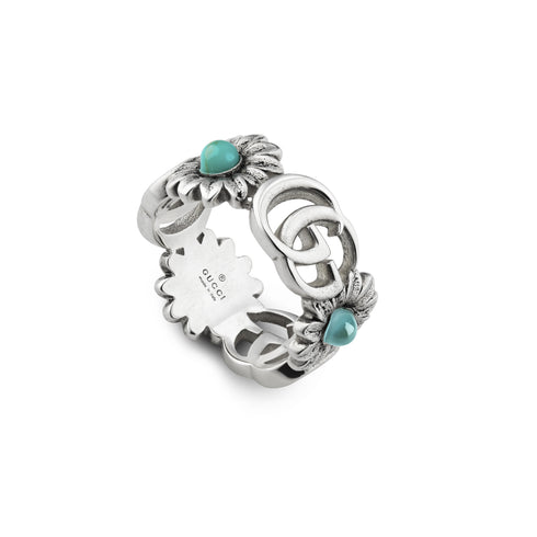 Ring with Double G and flower motif in shiny aged sterling silver, mother of pearl, blue topaz and turquoise resin YBC527394001