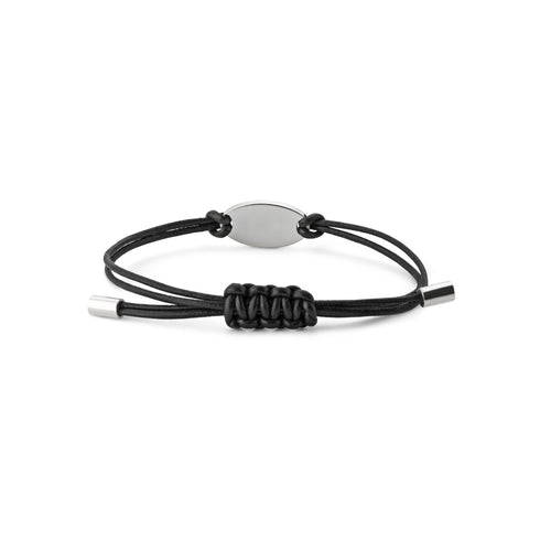 Trademark Bracelet in sterling silver and black leather strap with oval tag YBA797194001